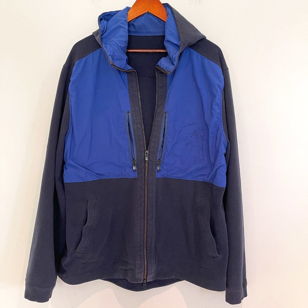 Lululemon Men Blue Navy Long Sleeve Pockets Logo Zip Up Hooded Jacket Size XL